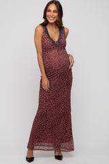 Brown Animal Print Mesh Overlay Maternity Maxi Dress