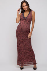 Brown Animal Print Mesh Overlay Maternity Maxi Dress