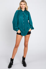 Teal Plisse Button Up Long Sleeve Top