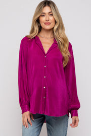 Magenta Plisse Button Up Long Sleeve Maternity Top