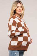 Brown Checkered Print Maternity Sweater