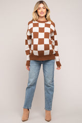 Brown Checkered Print Maternity Sweater