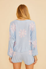 Blue Round Neck Floral Print Lounge Top