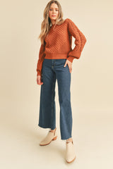 Brick Brown Mixed Pointelle Puff Sleeve Sweater