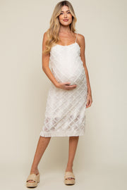 Ivory Fringe Mesh Maternity Midi Dress
