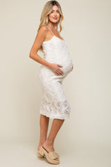 Ivory Fringe Mesh Maternity Midi Dress