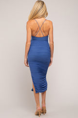 Blue Mesh Ruched Maternity Side Slit Midi Dress