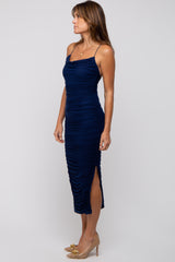 Navy Blue Mesh Ruched Side Slit Midi Dress