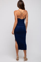 Navy Blue Mesh Ruched Side Slit Midi Dress