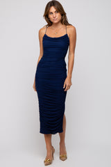 Navy Blue Mesh Ruched Side Slit Midi Dress