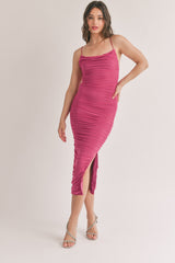 Magenta Mesh Ruched Maternity Side Slit Midi Dress