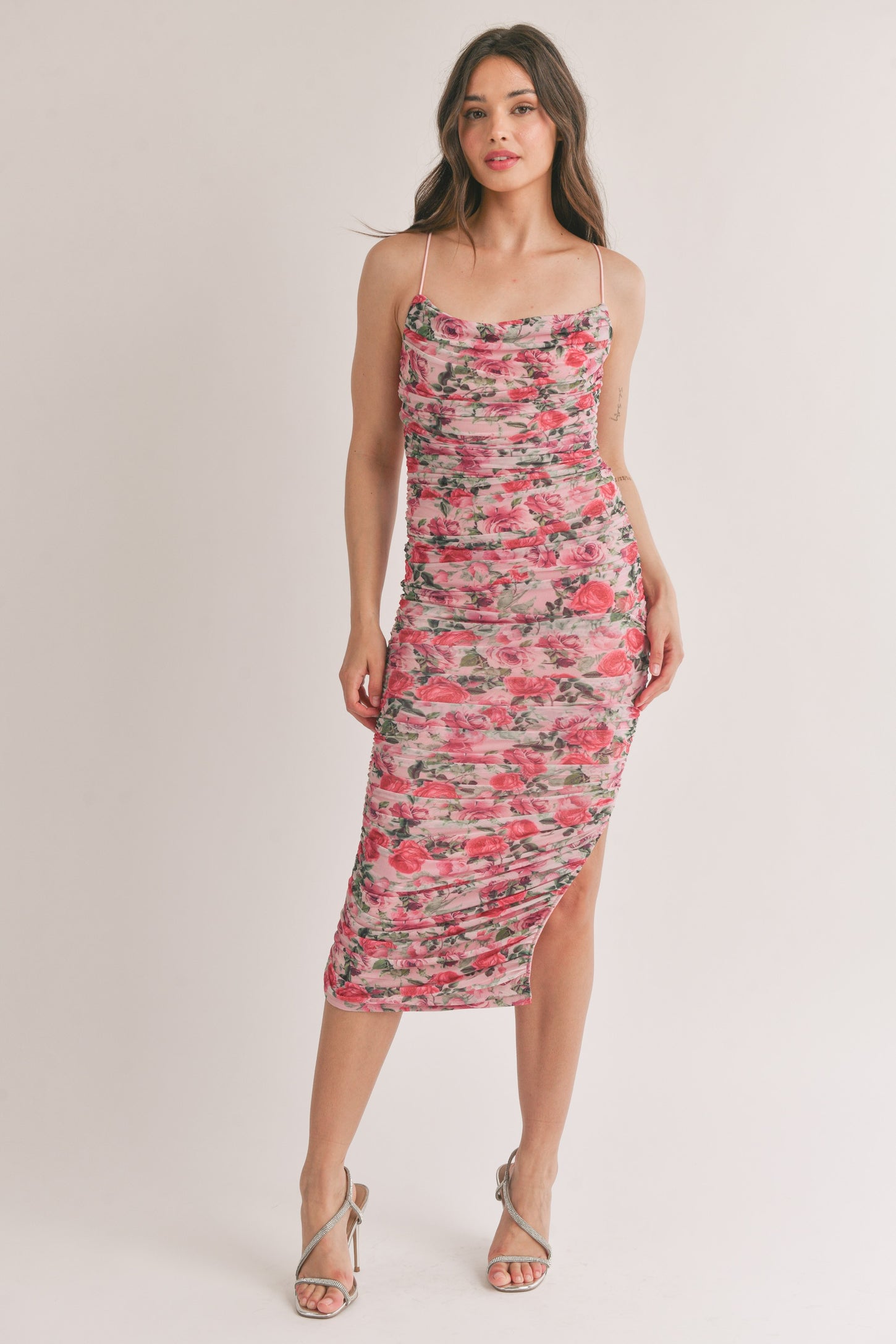 Maternity Floral Cowl Ruched Midi Dress