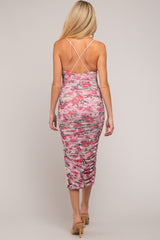 Pink Floral Mesh Ruched Criss Cross Back Maternity Midi Dress