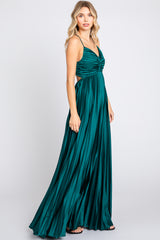 Forest Green Satin Pleated Cutout Gown