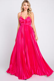 Fuchsia Satin Pleated Cutout Gown