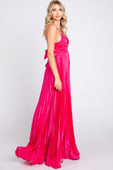 Fuchsia Satin Pleated Cutout Gown