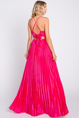 Fuchsia Satin Pleated Cutout Gown