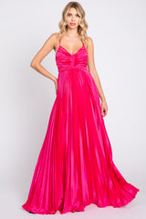 Fuchsia Satin Pleated Cutout Gown