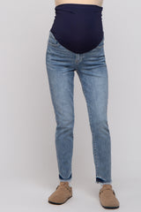 Blue Fringed Hem Maternity Skinny Jeans