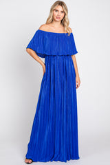 Royal Blue Pleated Plisse Ruffle Off-Shoulder Maternity Maxi Dress