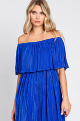 Royal Blue Pleated Plisse Ruffle Off-Shoulder Maxi Dress