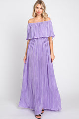 Lavender Pleated Plisse Ruffle Off-Shoulder Maternity Maxi Dress