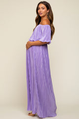 Lavender Pleated Plisse Ruffle Off-Shoulder Maternity Maxi Dress