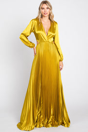 Gold Satin Low Back Cutout Pleated Maxi Dress