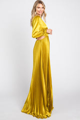 Gold Satin Low Back Cutout Pleated Maxi Dress