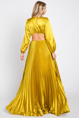 Gold Satin Low Back Cutout Pleated Maxi Dress