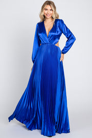 Royal Blue Satin Low Back Cutout Pleated Maxi Dress