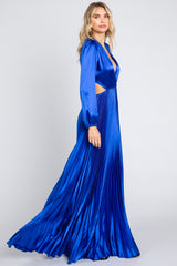 Royal Blue Satin Low Back Cutout Pleated Maxi Dress