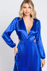 Royal Blue Satin Low Back Cutout Pleated Maxi Dress