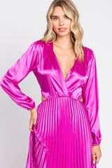 Magenta Satin Low Back Cutout Pleated Maxi Dress