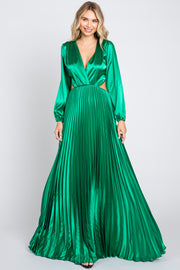 Green Satin Low Back Cutout Pleated Maxi Dress