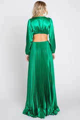 Green Satin Low Back Cutout Pleated Maxi Dress