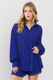 Royal Pleated Long Sleeve Short Set