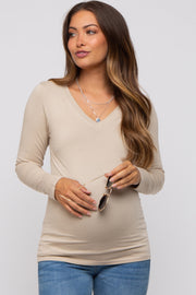 Beige Fitted Long Sleeve Maternity Top