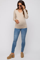 Beige Fitted Long Sleeve Maternity Top