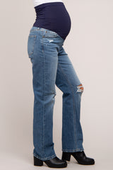 Blue Distressed Straight Leg Maternity Jeans