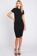 Black Ribbed Ruched Short Sleeve Maternity Dress