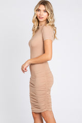 Beige Ribbed Ruched Short Sleeve Dress