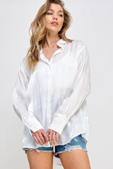 White Shimmer Satin Button Up Long Sleeve Blouse