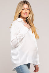 White Shimmer Satin Button Up Long Sleeve Maternity Blouse