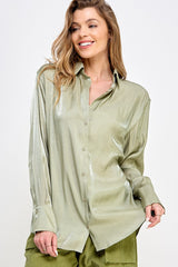 Light Olive Shimmer Satin Button Up Long Sleeve Maternity Blouse