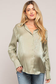 Light Olive Shimmer Satin Button Up Long Sleeve Maternity Blouse