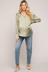 Light Olive Shimmer Satin Button Up Long Sleeve Maternity Blouse