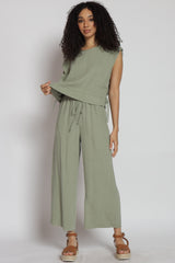 Olive Linen Top And Pants With Side Pockets