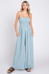 Light Blue Smocked Linen Wide Leg Maternity Jumpsuit