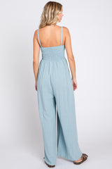 Light Blue Smocked Linen Wide Leg Jumpsuit